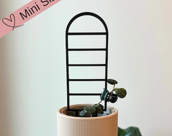 May include: A small, beige planter with vertical ribbed detailing, holding a small plant and a black trellis. The words "Mini Size" are printed on a pink banner. The planter is held by a person.
