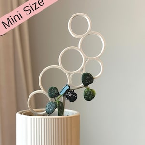 Könnte beinhalten: Ein weißer Keramiktopf mit gerippter Textur beherbergt eine kleine Pflanze mit grünen Blättern. Eine weiße Plastik-Pflanzenstütze mit einer Reihe von Kreisen ist an der Pflanze befestigt. Der Text "Mini Size" ist in Pink auf weißem Hintergrund geschrieben.