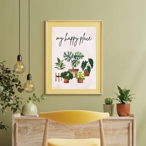 Arte de pared imprimible "Mi Lugar Feliz", póster de jungla con plantas de interior, descarga digital en PDF, decoración botánica para amantes de las plantas, regalo para amantes de las plantas