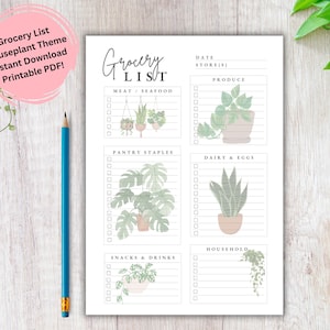 May include: Printable grocery list with a houseplant theme. The list is divided into categories: Meat/Seafood, Produce, Pantry Staples, Dairy & Eggs, Snacks & Drinks, and Household. Each category has a line drawing of a houseplant.