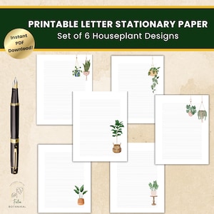 Papel de bloc de notas imprimible con temática de plantas, paquete de cartas rayadas, juego de papelería de oficina con plantas de interior, descarga digital, regalo para amantes de las plantas