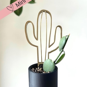 Puede incluir: Un soporte de planta de metal dorado en forma de cactus con una pequeña planta en maceta en su interior. La planta es verde y tiene hojas redondas. El soporte tiene forma de cactus con un solo brazo y una pequeña maceta en la base. El texto "Mini Size" está escrito en una pancarta rosa.