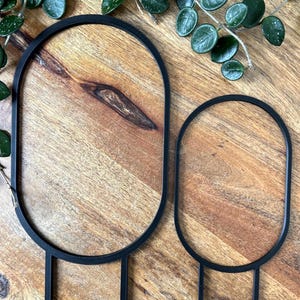 Puede incluir: Dos soportes para plantas de metal negro con marcos ovalados y patas finas y altas. Los soportes están sobre una superficie de madera.