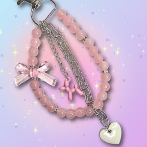 Baby pink cute ballon dog and bow beaded charm keychain | Pastel heart aesthetic accessories