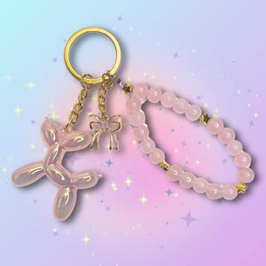 Baby pink iridescent balloon dog beaded charm keychain bow chain aesthetic accessories