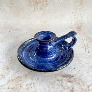 Vintage Sue Sharp Studio Pottery Chamberstick | Blue Stoneware Candlestick