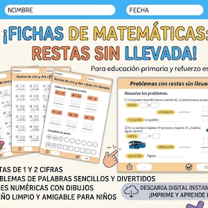 Può includere: Schede di matematica per la scuola primaria con sottrazioni senza riporto, serie numeriche e problemi. I fogli includono spazi per nome e data, decorati con illustrazioni di una mela, una matita e un autobus.