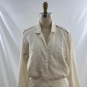 Vintage 90s Ivory Button Down Long Sleeve  Peplum Blouse Medium