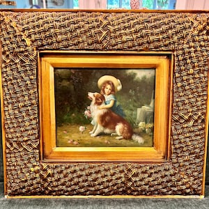 Vintage Oil Painting of Young Girl & Dog