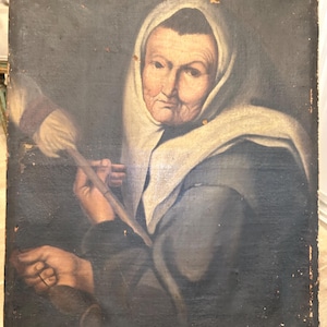 Antique 19th-Century French Oil Painting Featuring Peasant Woman