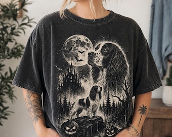 Gothic Springer Spaniel Halloween Tee, Spooky Full Moon Dog Shirt, English Springer Spaniel T-Shirt, Comfort Colors