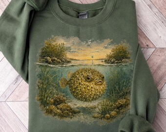 Pufferfish Crewneck Sweatshirt, Vintage Puffer Fish Ocean Sweater, Cottagecore Underwater Sunset Nature Crewneck, Gildan