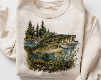 Largemouth Bass Fishing Sweatshirt, Vintage Lake Wildlife Crewneck, Bass Angler Graphic Sweater, Gildan