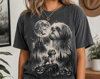 Shih Tzu Halloween Shirt, Spooky Full Moon Pumpkin Graphic Tee, Gothic Shih Tzu Dog Lover Tee, Comfort Colors