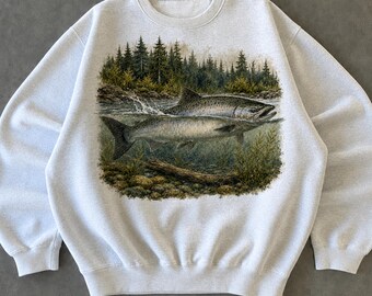 Salmon Fishing Sweatshirt, Vintage Wildlife Nature Crewneck, Chinook Salmon River Art, Gildan 18000