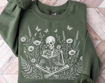 Skeleton Reading Book Sweatshirt, Wildflower Bookish Crewneck, Dark Cottagecore Reader Gift, Gildan
