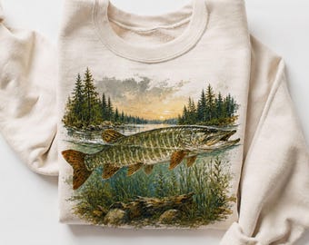 Musky Fishing Sweatshirt, Vintage Muskie Lake Sunset Crewneck, Northern Pike Nature Shirt, Gildan