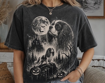 Cavalier King Charles Spaniel Halloween Shirt, Gothic Full Moon Haunted Castle Tee, Spooky Cavalier Dog Shirt, Comfort Colors