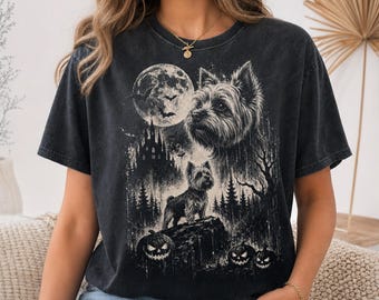 Cairn Terrier Halloween Shirt, Spooky Full Moon Dog Tee, Vintage Gothic Terrier T-Shirt, Comfort Colors
