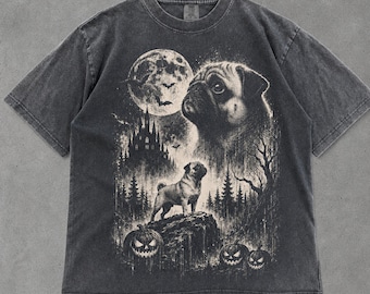 Halloween Pug Shirt, Gothic Full Moon Pug Graphic Tee, Vintage Spooky Pug Lover Tee, Comfort Colors