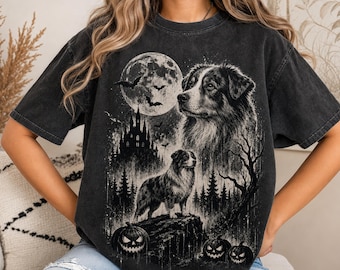 Australian Shepherd Halloween Shirt, Spooky Full Moon Aussie Graphic Tee, Gothic Dog Halloween T-Shirt, Comfort Colors