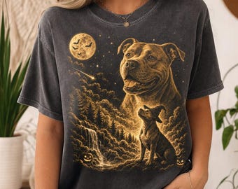 Pit Bull Halloween Moon T-Shirt, Spooky Pittie Witch Graphic Tee, Vintage Staffordshire Terrier Shirt, Comfort Colors