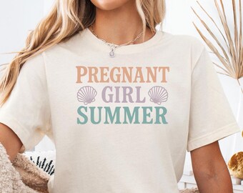 Pregnant Girl Summer T-Shirt: Seashell Graphic, New Mom Gift