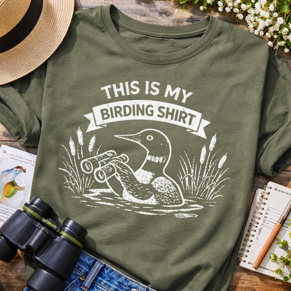 Birding Shirt Loon with Binoculars | Bird Watcher Gift for Her and Him | Nature Lover Common Loon Tee