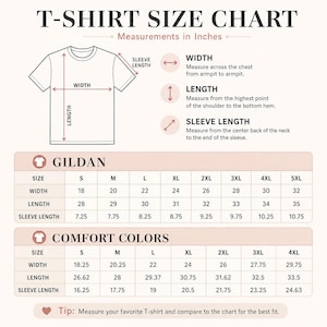 T-shirt size chart with measurements in inches for Gildan and Comfort Colors brands.