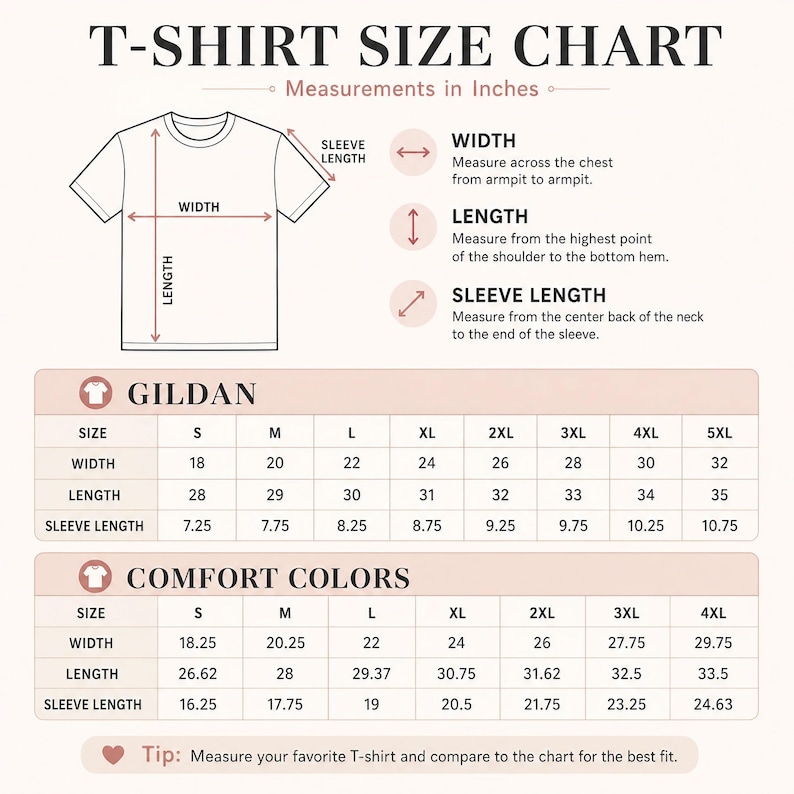 T-shirt size chart with measurements in inches for Gildan and Comfort Colors brands.