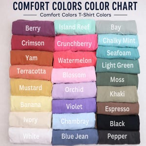 Comfort Colors t-shirt color chart displaying Berry, Crimson, Yam, Terracotta, Mustard, Banana, Ivory, and White.
