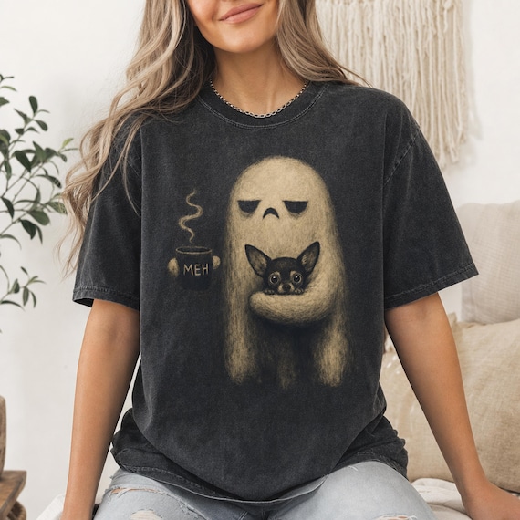 Ghost Chihuahua Tee, Grumpy Meh Coffee Ghost Shirt, Funny Introvert Dog T-Shirt, Comfort Colors