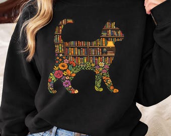Sudadera con diseño de gato bibliotecario / Regalo para amantes de los libros / Suéter con diseño de gato bibliotecario con diseño floral