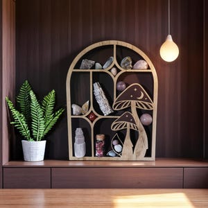 Estante de cristal con forma de hongo bohemio: estante de pared de madera con diseño de hadas para cristales, decoración de brujas, arte de pared espiritual bohemio