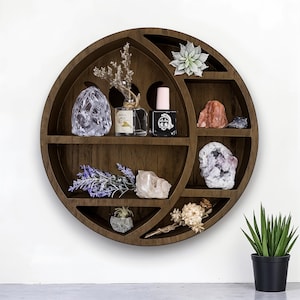 Estante de pared redondo con fases lunares, 33 cm, de cristal bohemio, de madera negra, ideal para cristales, plantas y decoración de boticario.