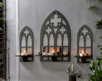 Gothic Wall Shelf Set - Cathedral Arch Wood Shelves for Crystals, Candles & Decor - Gothic Home Wall Art, Black Wood Wall Shelf