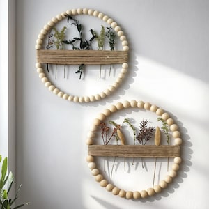 Boho Runde Perlen Wand Vasen Set - 12,2 ""rustikale Holzkreis Wanddekoration mit künstlichen Blumen Display, Bauernhaus hängende Vasen für getrocknete Blumen."