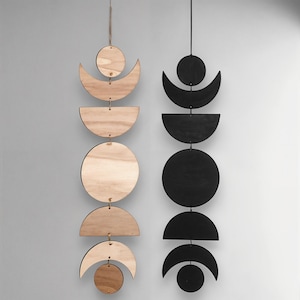 Moon Phase Wall Hanging – Wood Boho Wall Decor in Natural & Black Tones | Crescent Moon Phases Art for Bedroom or Living Room