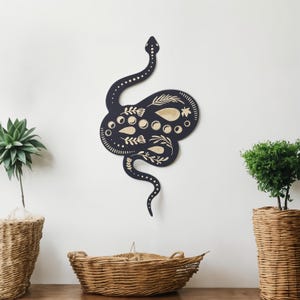 Boho Black Wood Snake Wall Art - Botanical Snake Decor with Moon Phases - Serpent Shelf or Gallery Accent