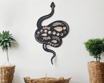 Boho Black Wood Snake Wall Art - Botanical Snake Decor with Moon Phases - Serpent Shelf or Gallery Accent