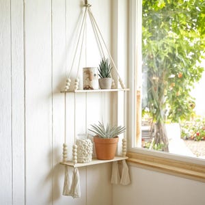 Boho Hanging Wood Wall Shelf with Tassels – Rustic Floating Shelf for Plants, Bedroom, Entryway, or Living Room Decor