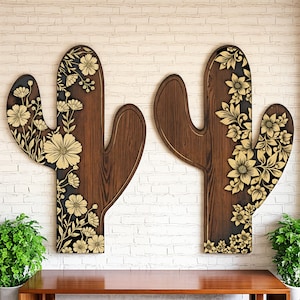 Cactus Wall Decor – Boho Floral Wooden Wall Art for Living Room, Western Rustic Home Decor, Farmhouse Entryway Wall Hanging