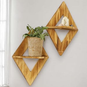Diamond Shaped Wood Wall Shelf – Floating Geometric Display for Plants & Decor, Geometric Wall Hanging
