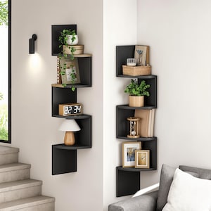 Corner Wall Shelf, Zigzag Floating Shelf, Modern Wall-Mounted Display Unit, Rustic Wood Corner Rack for Bedroom, Office, or Living Room