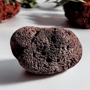 Könnte beinhalten: Ein dunkelbrauner, poröser Vulkanstein mit einer rauen, strukturierten Oberfläche.