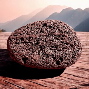 Könnte beinhalten: Ein großer, dunkelbrauner, poröser Stein mit einer glatten, abgerundeten Oberfläche. Der Stein liegt auf einer Holzoberfläche.