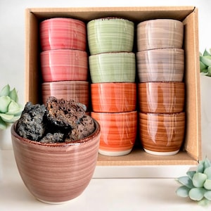 Könnte beinhalten: Ein Set mit 12 kleinen Keramik-Töpfen in einer Kartonbox. Die Töpfe sind in verschiedenen Farben, darunter Rot, Grün, Braun und Orange. Die Töpfe haben ein gestreiftes Muster. Die Box ist geöffnet und die Töpfe sind sichtbar.