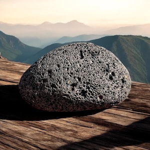 Könnte beinhalten: Ein dunkler, poröser Vulkanstein mit einer rauen, strukturierten Oberfläche. Der Stein liegt auf einer Holzoberfläche mit einem verschwommenen Hintergrund aus Bergen.