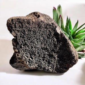 May include: A large, dark gray, porous rock with a rough, irregular surface. The rock has a natural, organic look and is perfect for adding a touch of nature to any space.