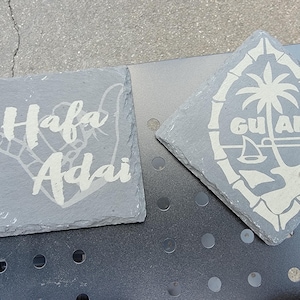 Set of 4 Guam Slate Coasters – 4&quot; Laser Engraved Natural Stone | Island Pride Decor | Chamorro Gift | Custom Pacific Island Design